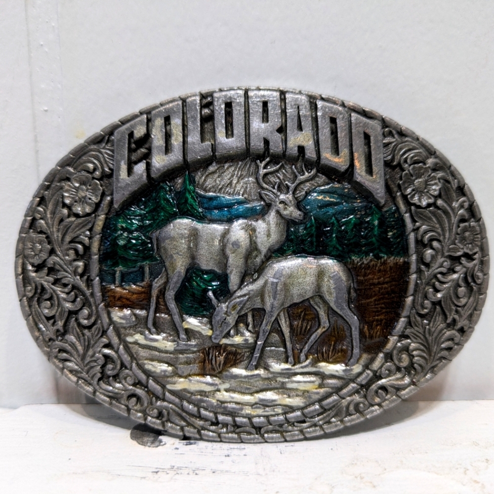 Colorado Metal Belt‎ Buckle Nature Scene Deer 3.5" By Indiana Metal Craft 1983